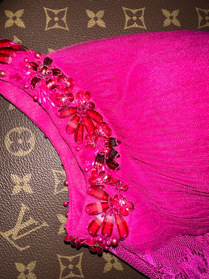 Vintage Hot Pink V Neck Beaded Tulle Prom Dress Party Evening Dress DP5357