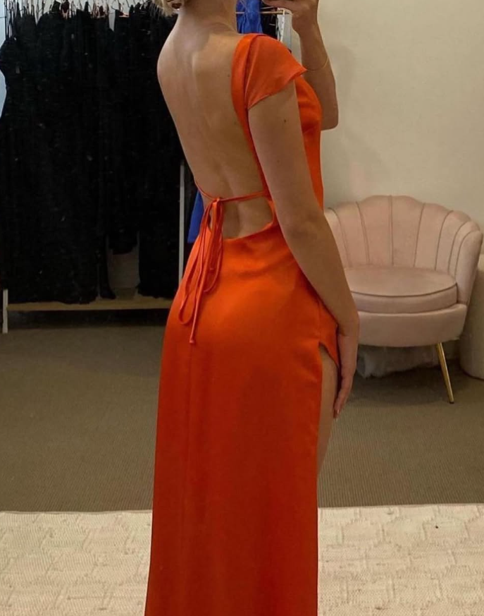 Pretty Backless Orange Sheath Satin Long Prom Dress Evening Dress with Slit DP7471