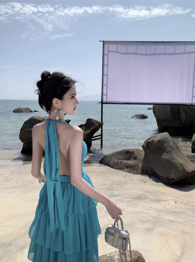 Blue Backless A Line Halter Layered Chiffon Long Vacation Dress Outfits DP3401