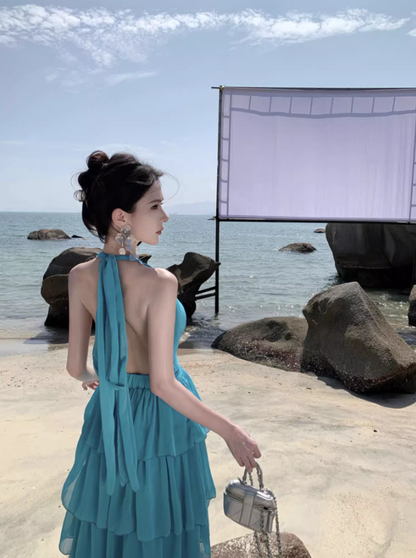 Blue Backless A Line Halter Layered Chiffon Long Vacation Dress Outfits DP3401