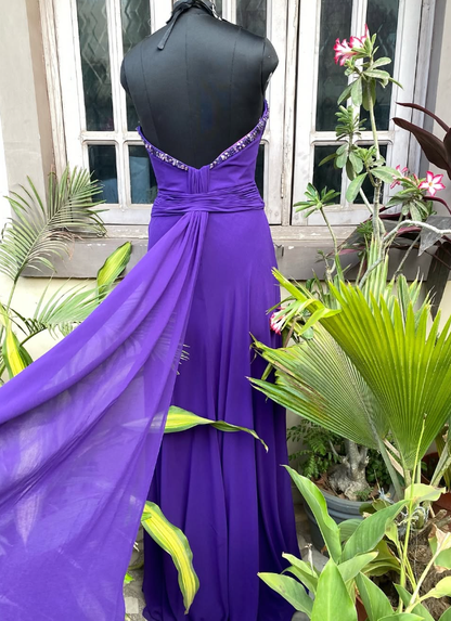 Purple A Line Sweetheart Neck Chiffon Long Prom Dress Evening Dress with Beads DP1379