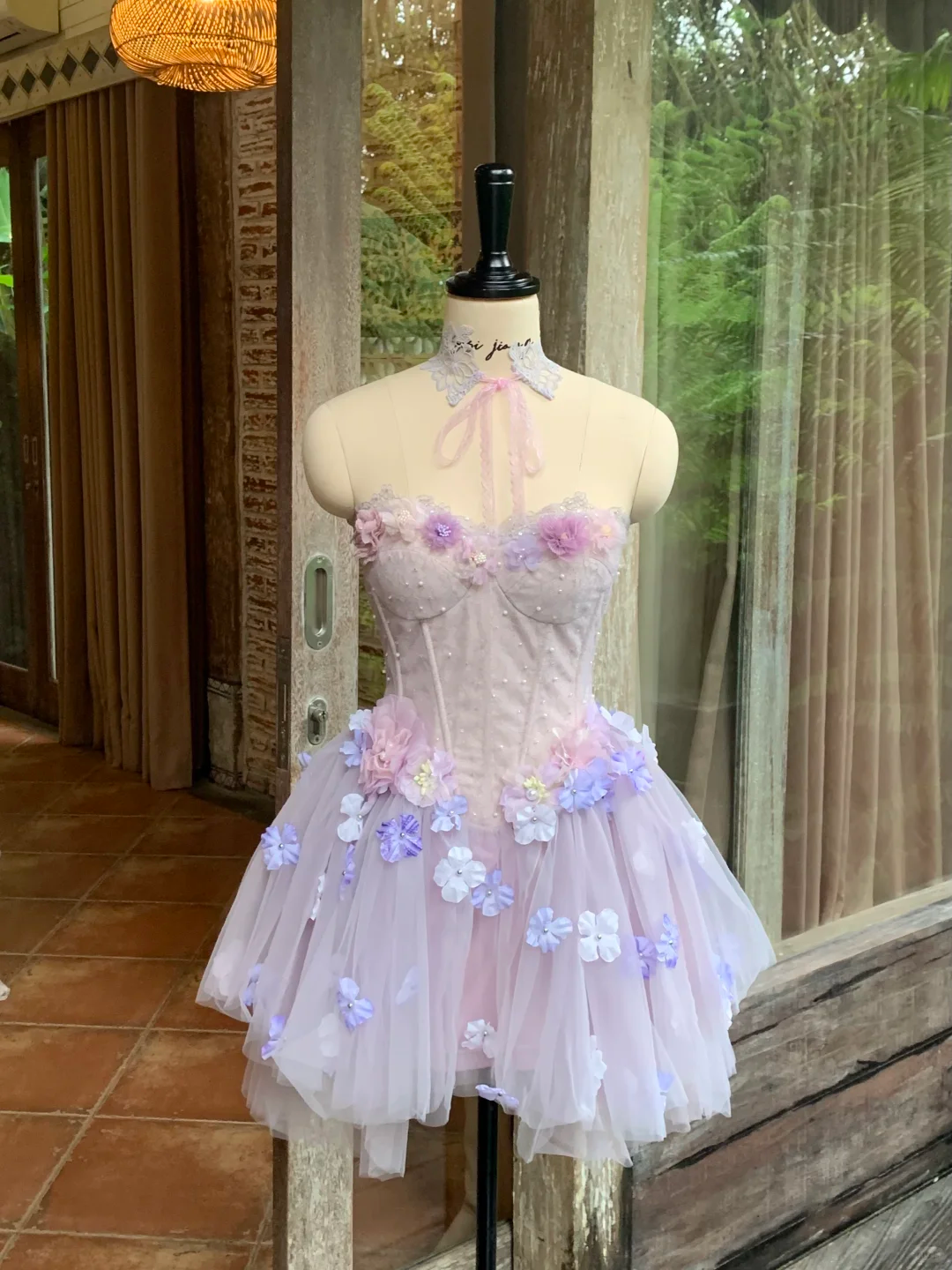 Dreamy Purple A Line Strapless Floral Tulle Short Prom Dress Homecoming Dress DP5460