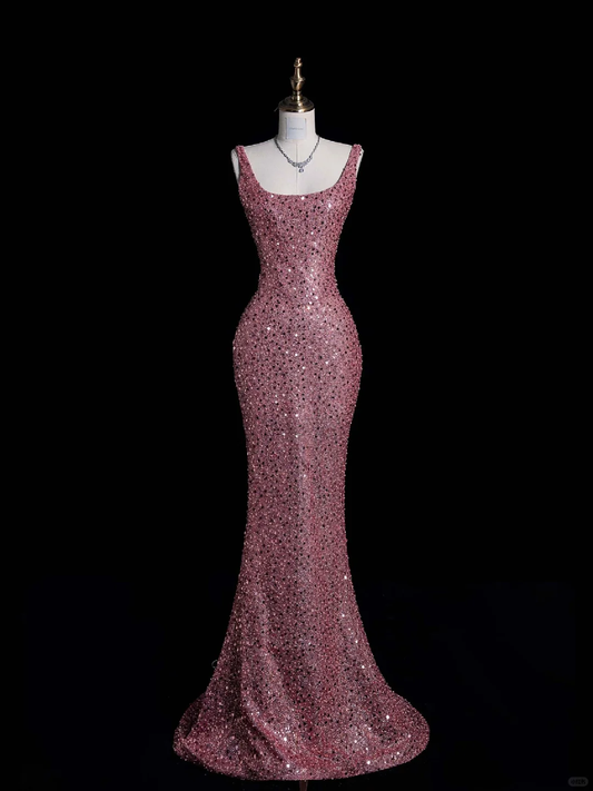 Stunning Mermaid Strap Pink Sequin Long Prom Dress Evening Dress DP2091