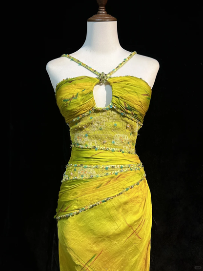 Vintage Mermaid Halter Beaded Yellow Print Flower Chiffon Prom Dress Party Dress DP2764