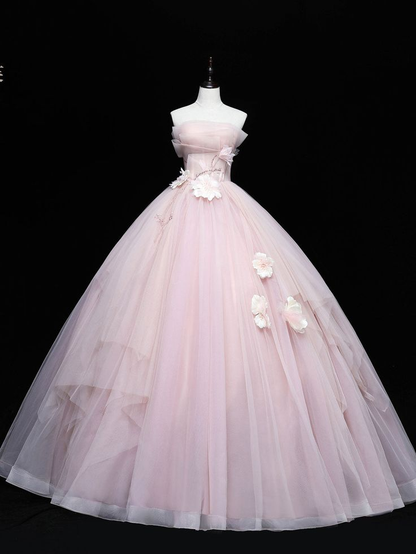 Pink Tulle Lace Applique Long Prom Dress Sweet 16 Quinceaners Dress DP272