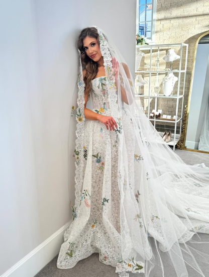 Stunning A Line Strapless Colorful Floral Lace Wedding Dress DP5300