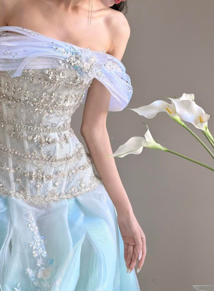 Charming Blue Ombre Ball Gown Exquisite Beaded Organza Prom Dress Quinceanera Dress DP6602