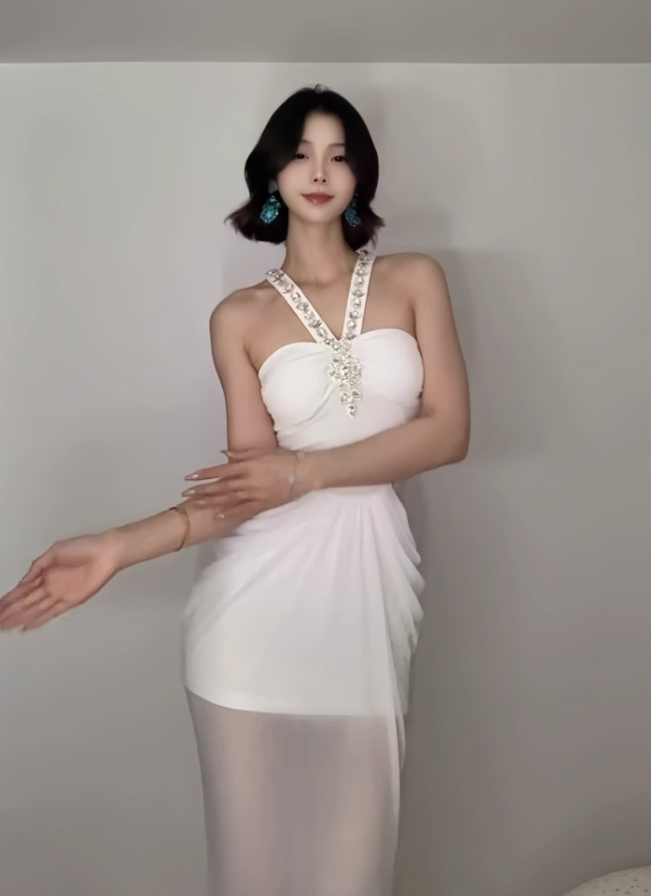 White Elegant Simple Halter Beaded Chiffon Party Dress Date Dress Evening Dress DP2959