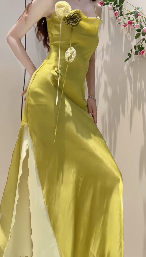 Stunning Sheath Spaghetti Strap Green Flower Satin Prom Dress Evening Dress with Slit DP3561