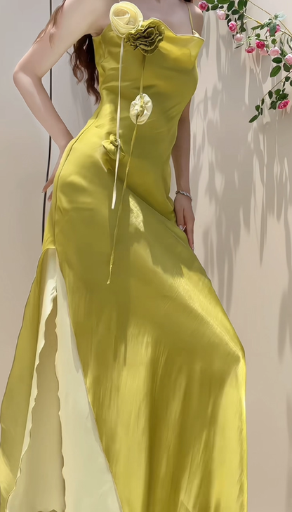 Stunning Sheath Spaghetti Strap Green Flower Satin Prom Dress Evening Dress with Slit DP3561