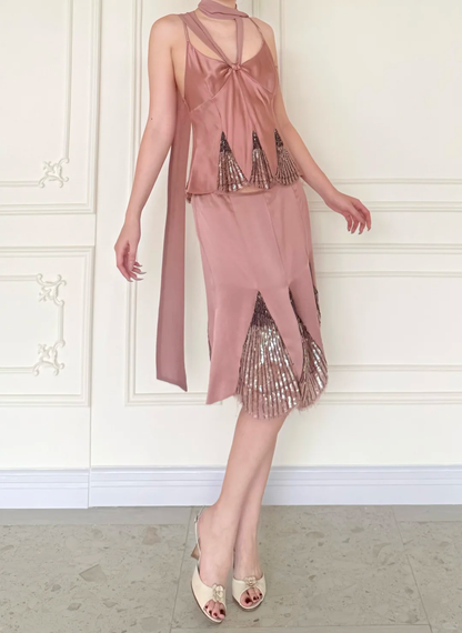 Vintage Two Piece Exquisite Beaded Pink Satin Short Prom Dress Homecoming Dress DP5163
