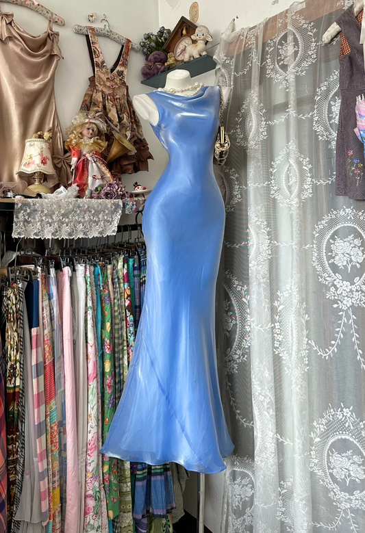 Vintage Dreamy Blue Mermaid Round Neck Chiffon Prom Dress Evening Dress DP5416
