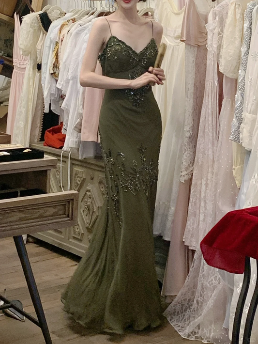 Vintage Olive Green Mermaid Spaghetti Strap Exquisite Beaded Chiffon Prom Dress 22th Birthday Dress DP3929