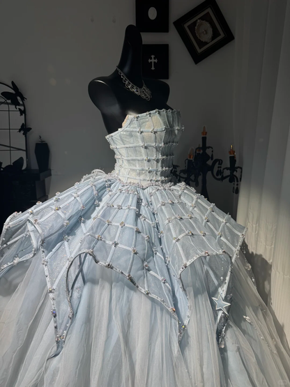 Luxurious Baby Blue Ball Gown Strapless Beaded Tulle Prom Dress Evening Dress DP6985