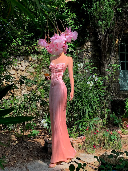 Peaches Pink Sheath Spaghetti Strap Satin Long Prom Dress Evening Dress DP3871