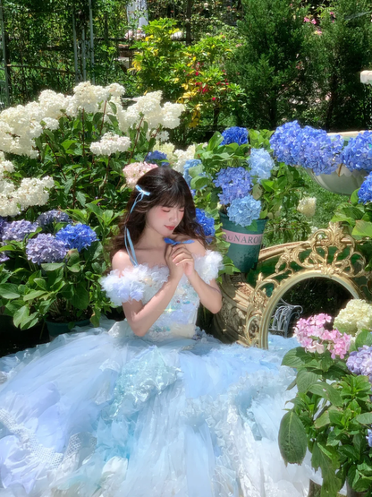 Dreamy Blue Ball Gown Off the Shoulder Exquisite Beaded Lace Tulle Prom Dress 18th Birthday Dress DP4462