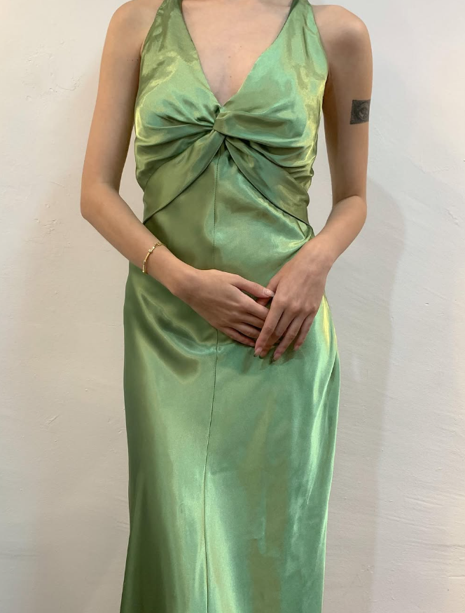 Vintage Sheath Halter Green Satin Open Back Prom Dress Evening Dress with Bow DP1604