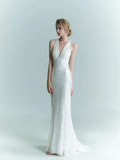 Exquisite Mermaid V Neck Beaded Tulle Long Sweep Party Dress Prom Dress Wedding Dress DP3731