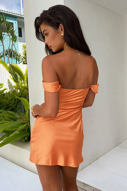 Chic Sheath Off the Shoulder Orange Satin Homecoming Dress with Ruched DP7061