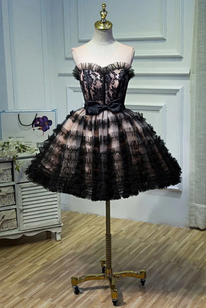 A Line Sheer Neck Tulle Homecoming With Bowknot Pretty Short Formal Dress DP867