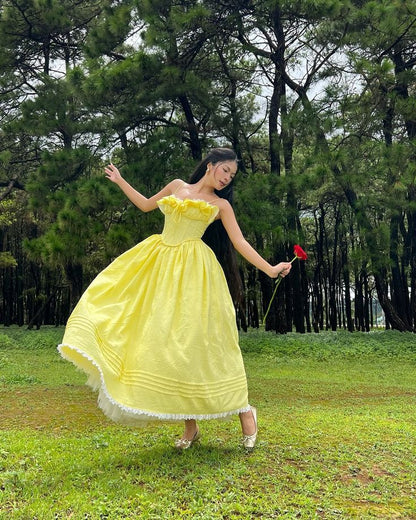 Fairy A Line Spaghetti Straps Yellow Satin Long Prom Dress Evening Dress DP1278
