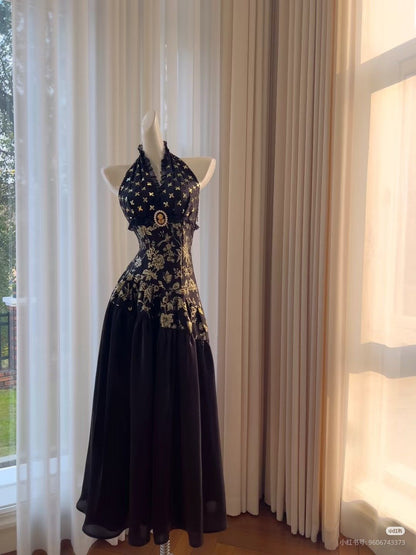 Vintage A Line V Neck Black Print Floral Satin Long Prom Dress Evening Dress DP4740