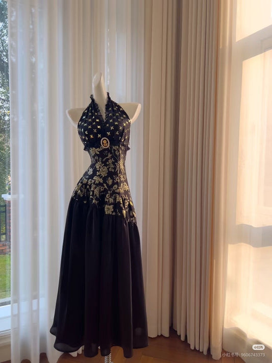 Vintage A Line V Neck Black Print Floral Satin Long Prom Dress Evening Dress DP4740