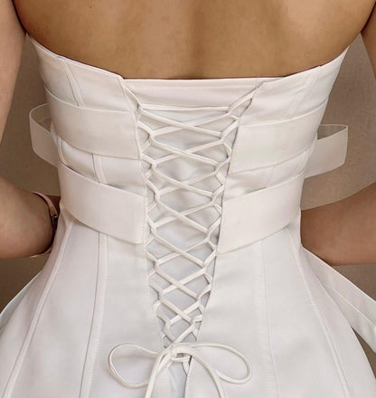 Cute Strapless White Bow Satin Mini Dress Homecoming Dress DP1141