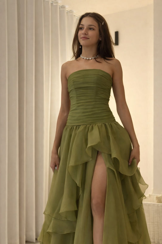Olive Green A Line Strapless Ruffle Chiffon Slit Prom Dress Graduation Prom Dress DP6645