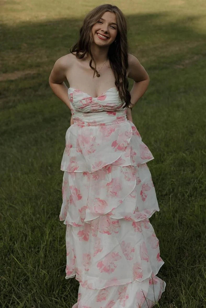 Romantic Pink Print A Line Sweetheart Neck Layered Chiffon Evening Dress Prom Dress DP7650