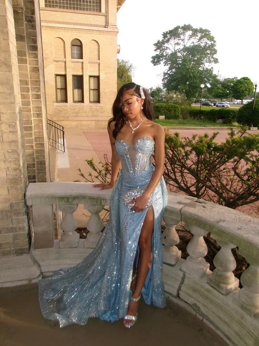 Baby Blue Mermaid Sweetheart Neck Beaded Sequin Tulle Prom Dress Evening Dress DP8039