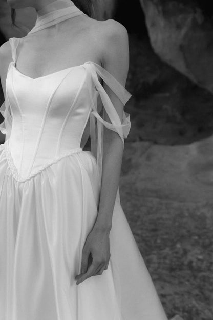 Ethereal A Line Spaghetti Strap White Tulle Satin Long Wedding Dress DP7195