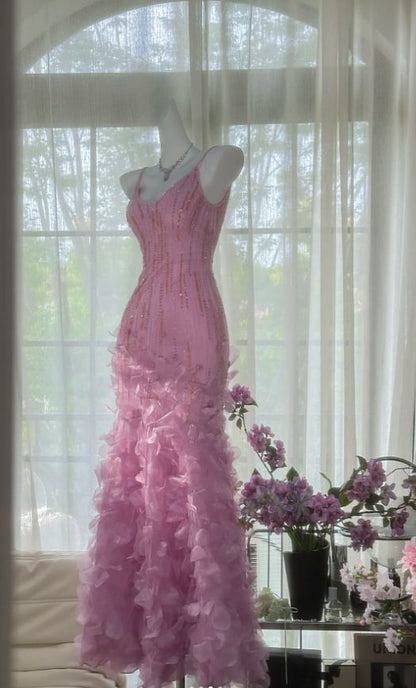 Vintage Pink Mermaid Straps Beaded Sequin Tulle Long Prom Dress Evening Dress DP4734