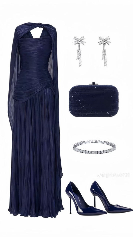 Navy Blue A Line Pleated Chiffon Long Prom Dress Formal Gown DP3670