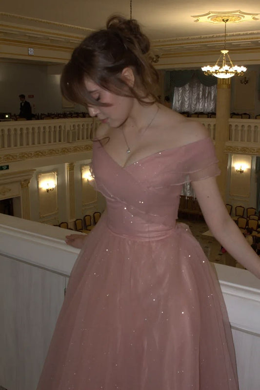 Princess Pink A Line Off the Shoulder Sequin Tulle Long Prom Dress Evening Dress DP6682