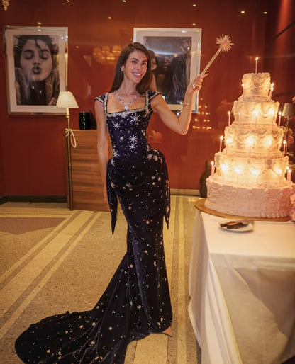 Stunning Navy Blue A Line Strap Shiny Beaded Velvet Long Prom Dress Evening Dresses DP7585