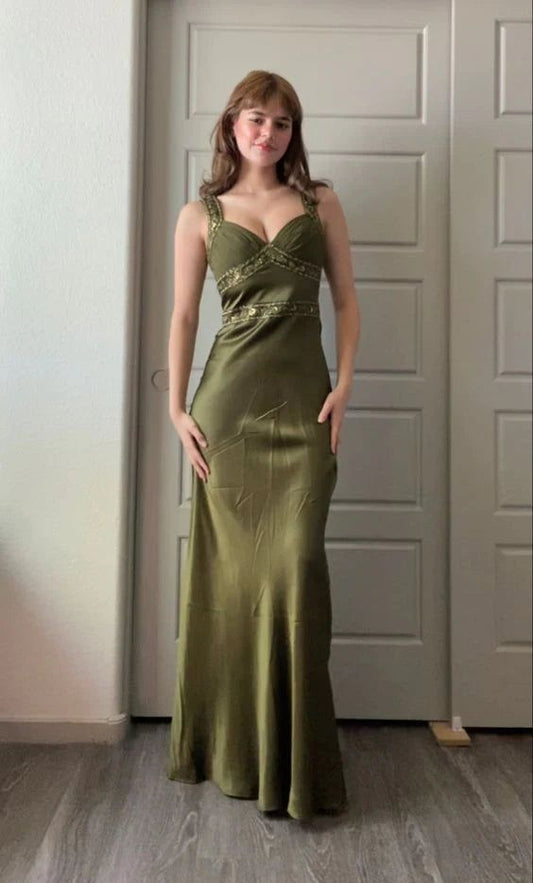 Elegant Sheath Strap Beaded Green Satin Prom Dress Evening Dress DP2102