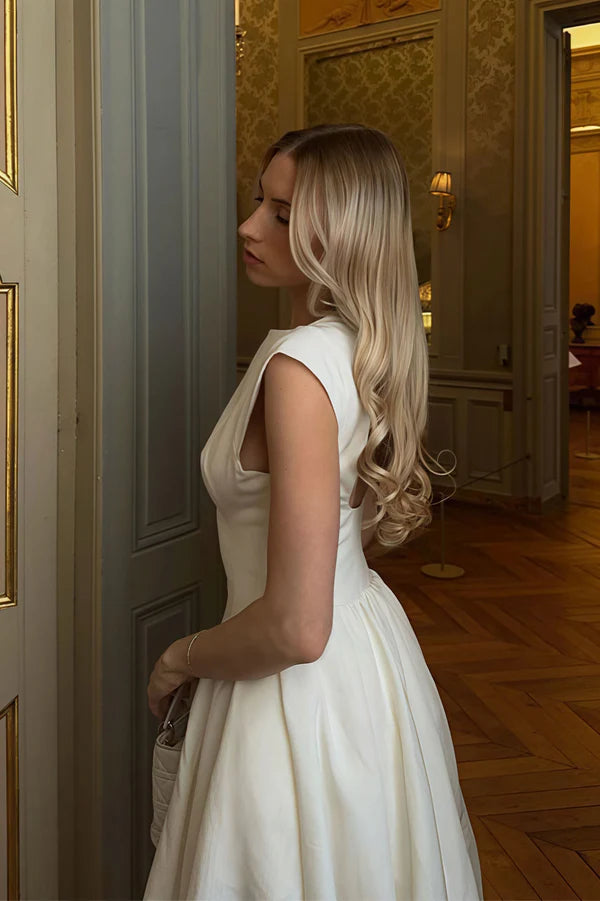 Simple Backless A Line White Satin Prom Dress Party Evening Dress DP5374