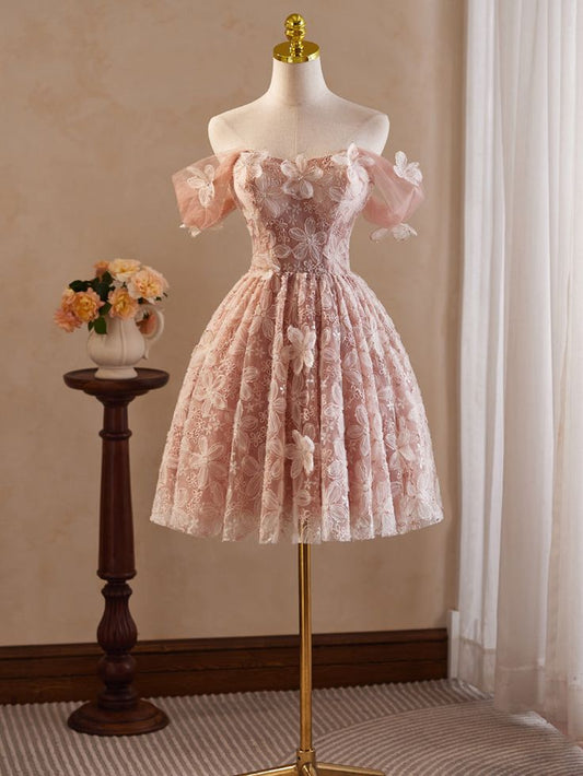 Pink Vintage Off-the-shoulder Flower Appliques Tulle Homecoming Dress DP846