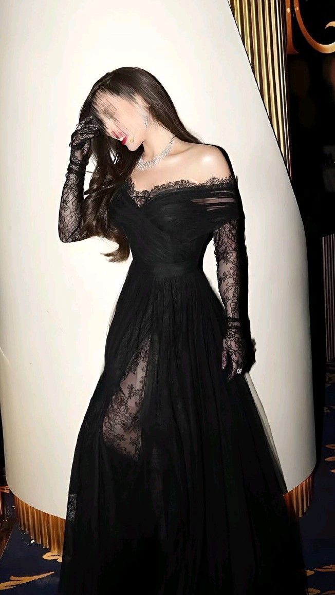 Black A Line Long Sleeve Lace Tulle Long Prom Dress Evening Dress DP7891