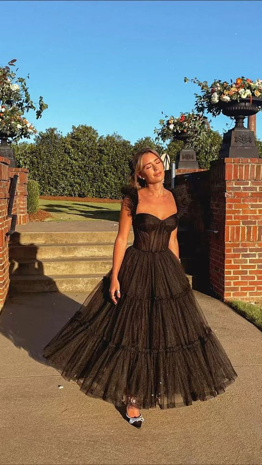 Black A Line Spaghetti Strap Tulle Long Prom Dresses DP765