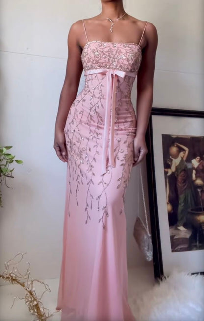 Gorgeous Sheath Spaghetti Strap Beaded Pink Chiffon Long Prom Dress Evening Dress DP2390