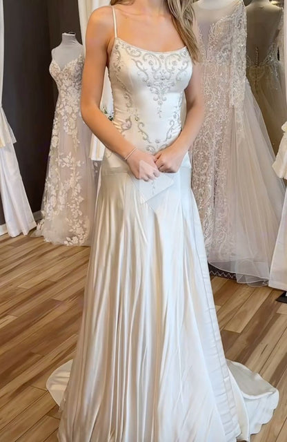 Gentle White Mermaid Beaded Satin Prom Dress Formal Dress Wedding Dress DP3394