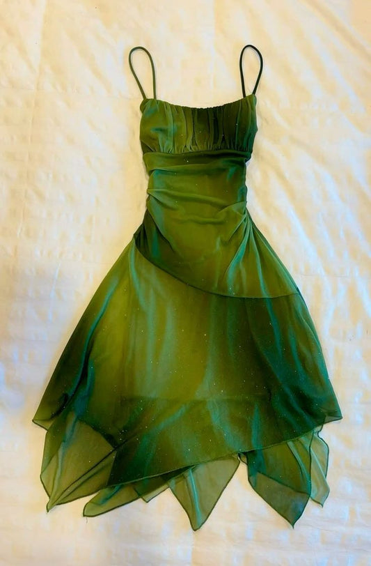 Green Ombre A Line Spaghetti Strap Pleated Ruffle Chiffon Short Homecoming Dress Outfits DP3104