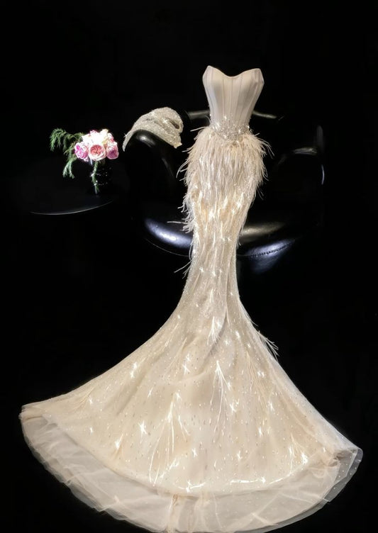 Exquisite Feather Beaded Mermaid Strapless Ivory Satin Long Prom Dresses Evening Gowns Party Dress DP3046