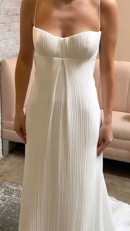 Simple A Line Spaghetti Strap White Pleated Chiffon Evening Dress Cocktail Dress DP2854