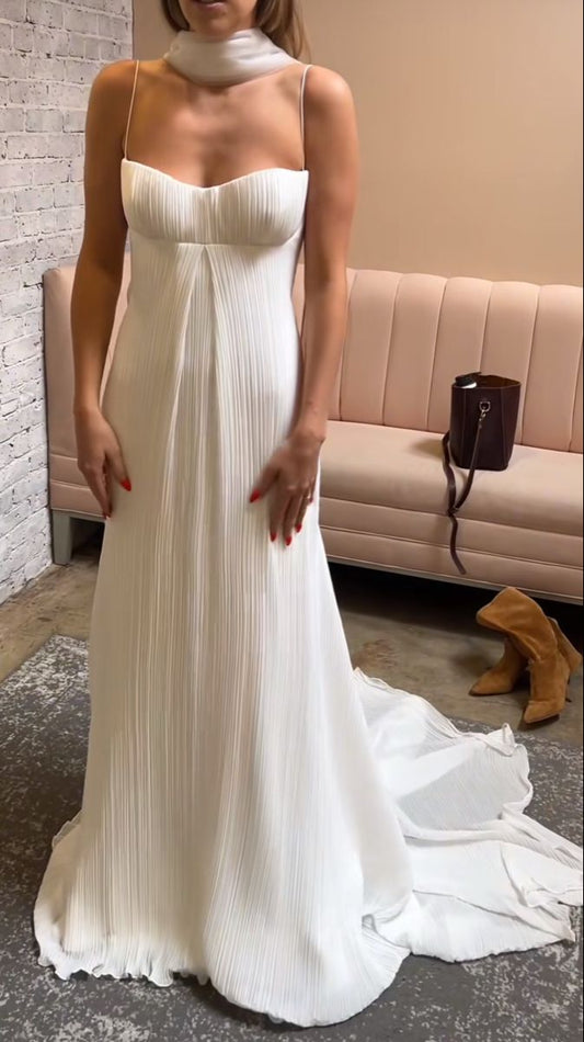 Simple A Line Spaghetti Strap White Pleated Chiffon Evening Dress Cocktail Dress DP2854