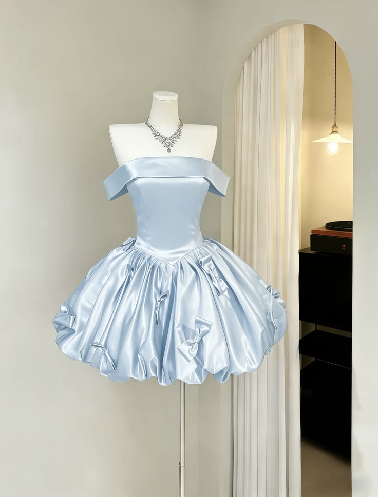 Baby Blue Bow A Line Off the Shoulder Satin Short Homecoming Dress DP5681