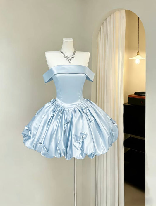 Baby Blue Bow A Line Off the Shoulder Satin Short Homecoming Dress DP5681
