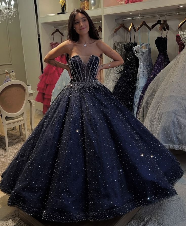 Dark Navy Blue Ball Gown Strapless Shiny Beaded Satin Prom Dress Evening Dress DP8052